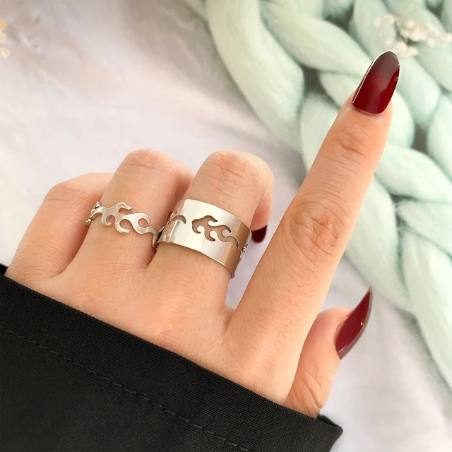 2Pcs Heart Magnet Couple Rings Punk Cuban Chain Charm Paired Rings For Lp Lovers Friend Adjustable Jewelry Party Gift Trend New Style 10