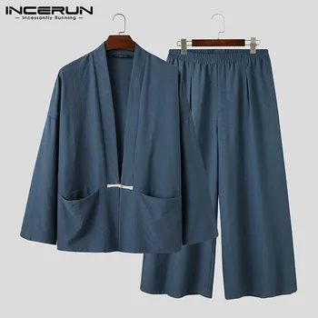 

INCERUN Men Corduroy Sets Solid Streetwear Vintage Long Sleeve Outerwear Tops Wide Leg Pants Chinese Style Men Suit 2 Pieces