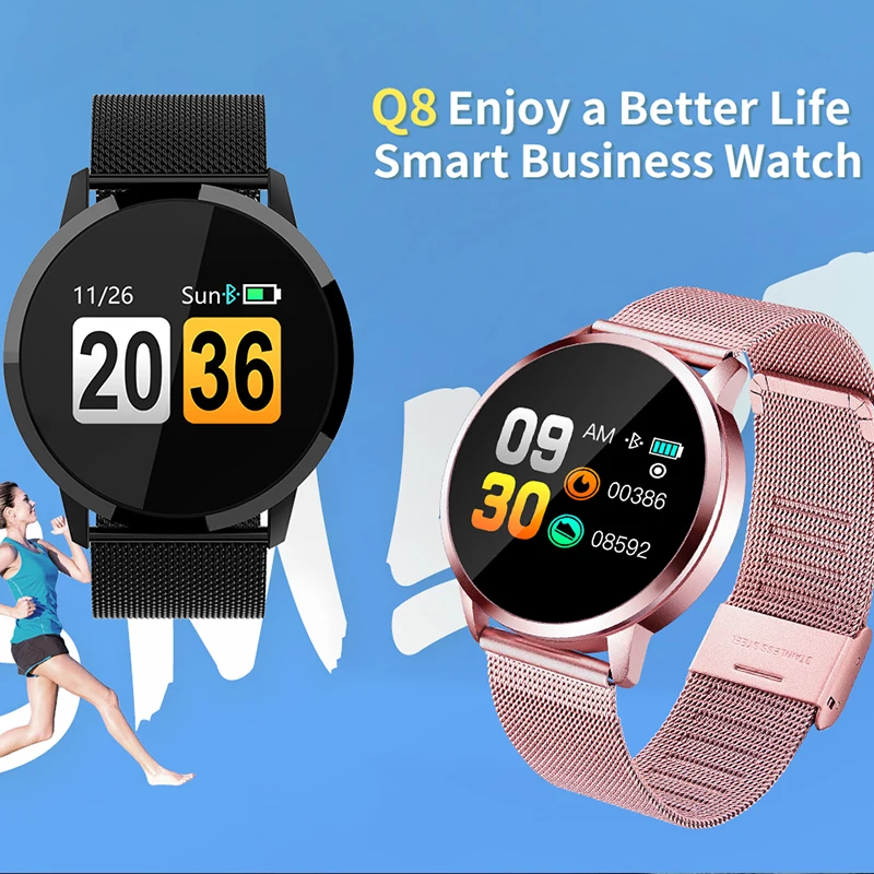 2019New Q8 OLED Bluetooth Smart Watch Stainless Steel Waterproof Wearable Device Smartwatch Wristwatch Men Women Fitness Tracker