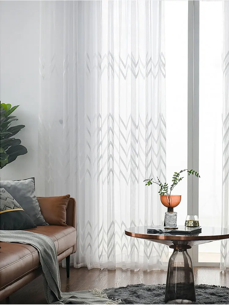 Korean Geometry Pattern Tulle Window Curtain for Living Room, Embroidered Sheer Voile Curtains, Bedroom Treatments, Drape Blind 3