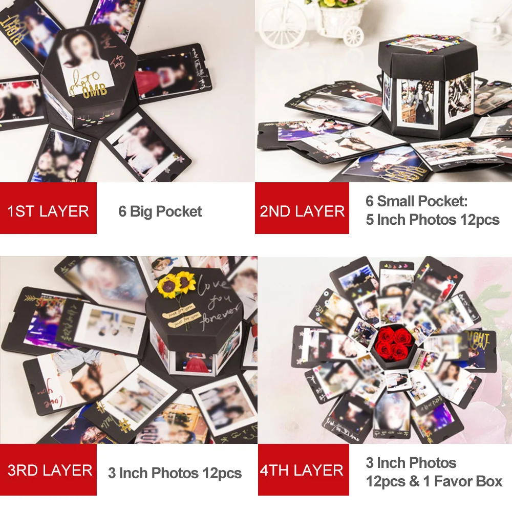 Шестигранная Взрывная коробка DIY Подарочная коробка сюрприз любовь скрапбук фотоальбом на День святого Валентина Свадьба юбилей подарок на день рождения