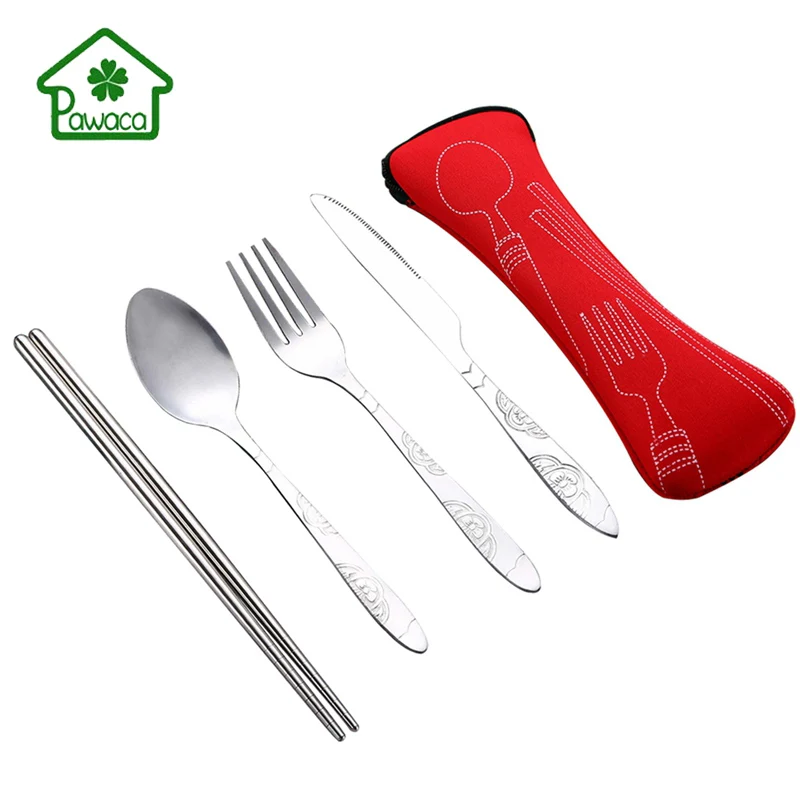 

Pawaca 2/4Pcs Travel Flatware Set Portable Outdoor Camping Cutlery Set Reusable Stainless Steel Spoon Fork With Storage Bag
