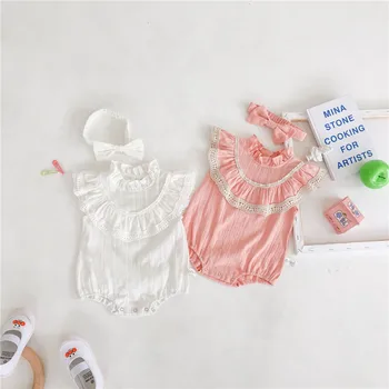 

White/pink ruffles lace collar Baby Girl Jumpsuit Summer sleeveless infant Romper Outfits princess costumes Children Clothing