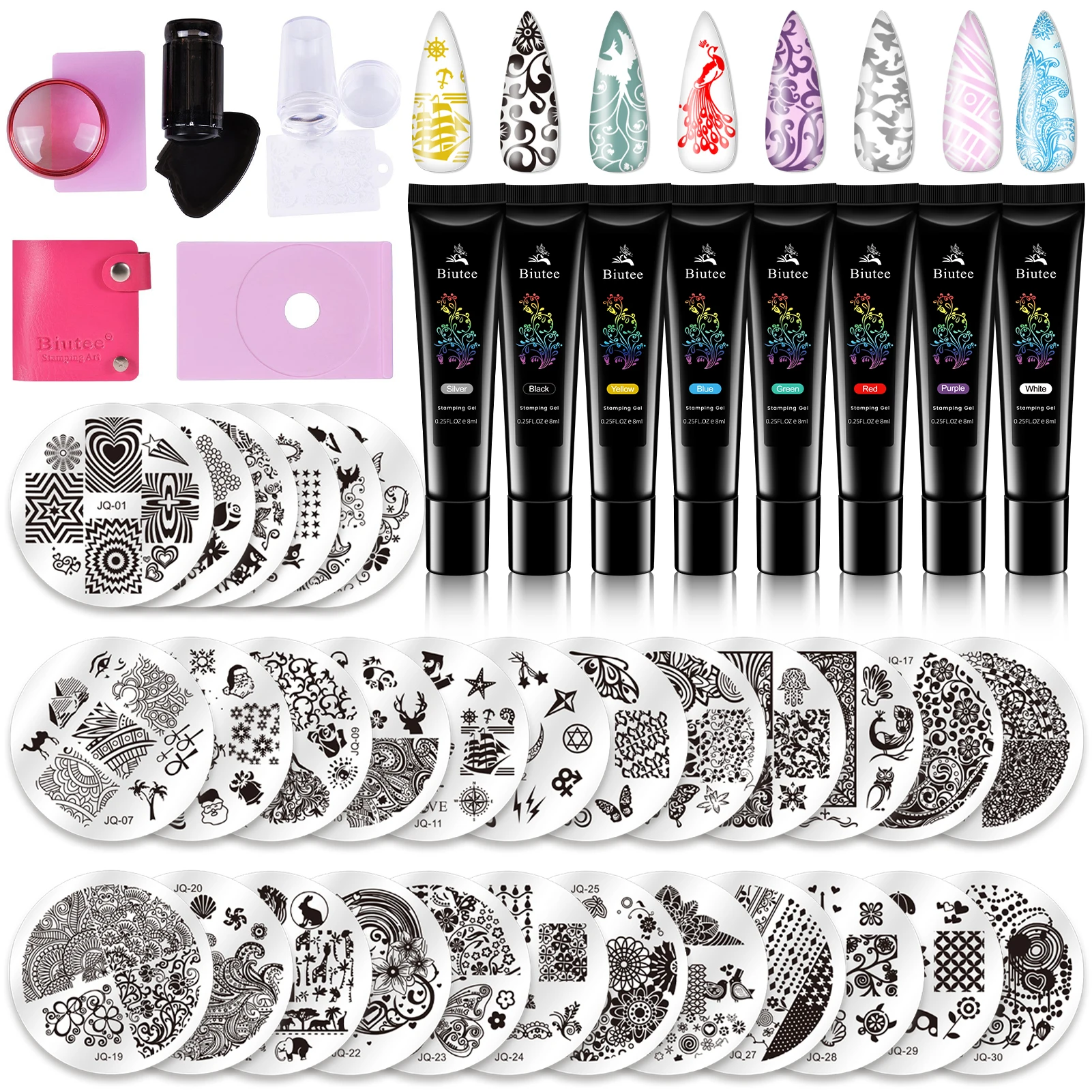 Biutee 44/36pc Kit Nail Stamping Plates Kit 8 Stamping Gel 2 Clear Jelly Nail Art Stampers 30