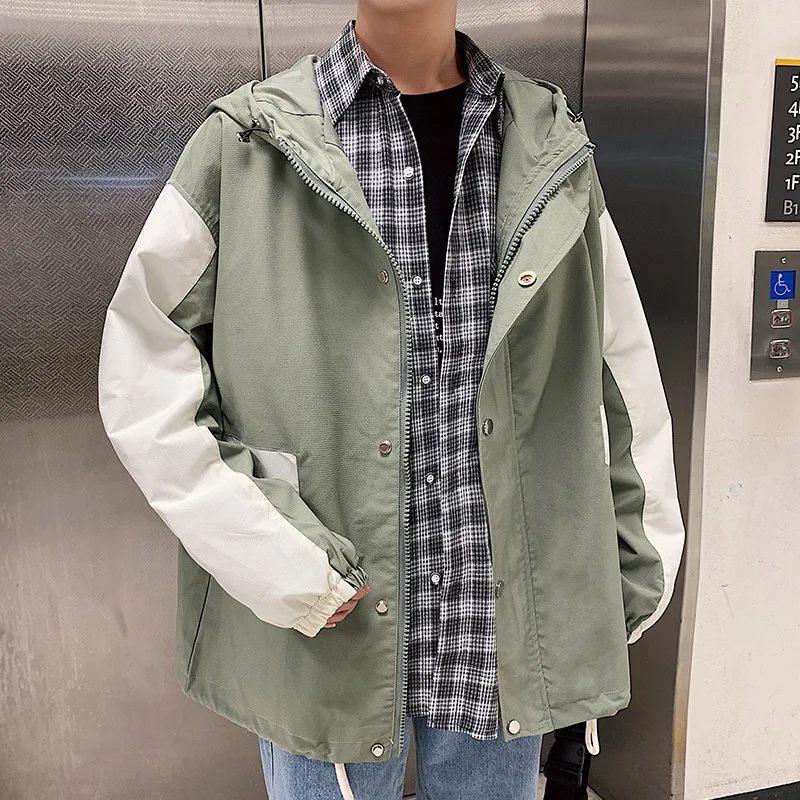 UYUK2019 Autumn New Lapel Hooded Zipper Large Pocket Stitching Contrast Color Casual Fashion Men's Jacket Streetwear Clothes - Цвет: green