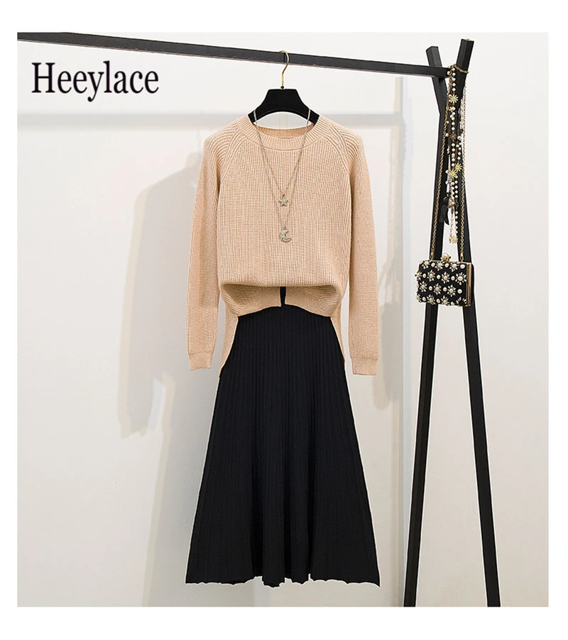 

Solid Knit Long Sleeve Fashion O-neck Jumper Sweaters Tops+elastic High Waist Knitted Skirts Women Simple New Autumn 2pcs Sets