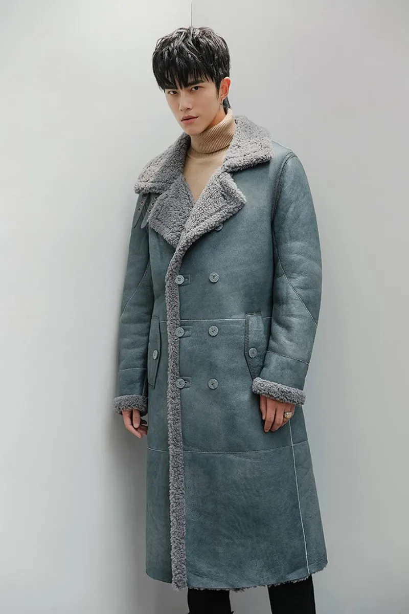 Осень Зима овчина австралийская шерсть длинное пальто для мужчин бренд мода двубортный свободный натуральный мех кашемир пальто размера плюс - Цвет: 1