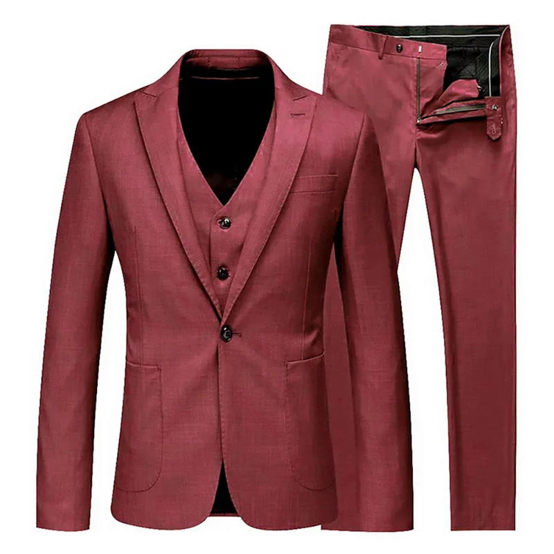 Мужские деловые комплекты с брюками и жилетом, костюм+ жилет+ брюки, 3 предмета, тонкие комплекты, Свадебный костюм для жениха, деловой блейзер для вечеринки, пиджак - Цвет: Wine red
