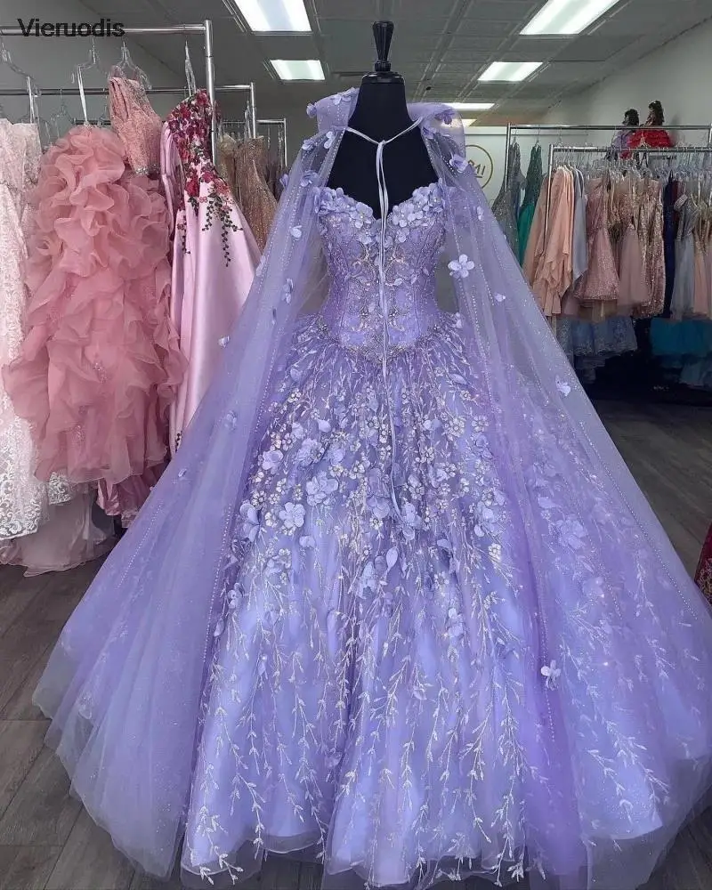 Mexican Vestido De 15 Anos Lilac Charro Quinceanera Dresses with Cloak Lace Applqiued Corset Sweet 16 Dress Abiti Da Cerimonia