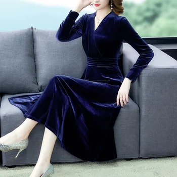 

2020 nian Autumn New Style Female Waist Hugging V-neck Big Hemline Slimming Elegant Full Body Dress g