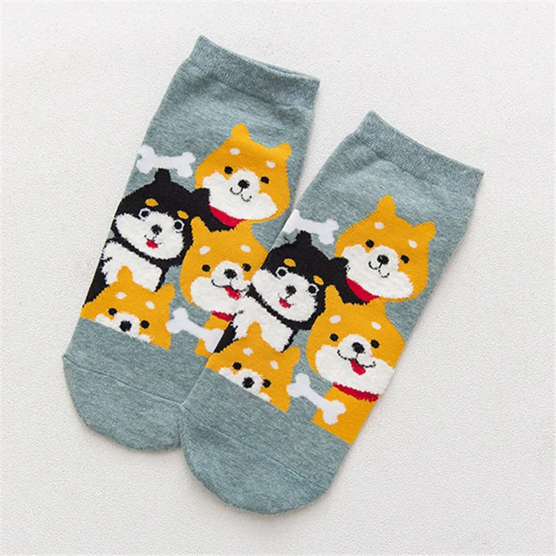 Милые носки до щиколотки с изображением Сиба и пера; короткие носки для девочек с изображением забавной лисы, собаки, цыпленка, кота, кролика; унисекс; с животными; Прямая поставка - Цвет: Green Shiba