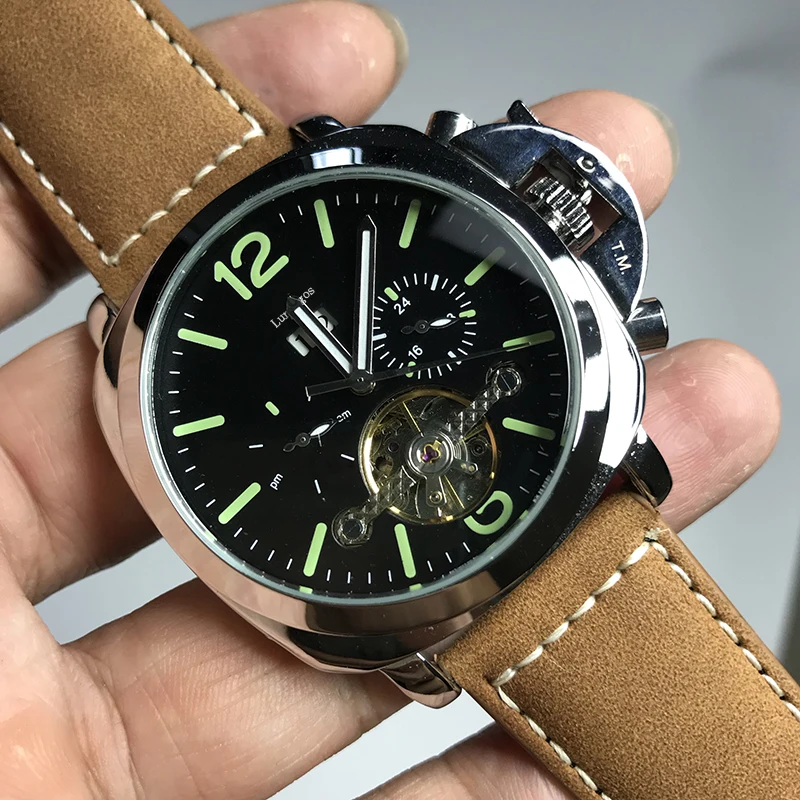 Big new skeleton mens luxury watchblack case leather strapautomatic sapphire glass self winding wristwatches AAA+ | Наручные часы