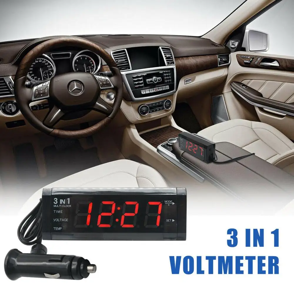 Red LED Digital Display 12V 3in1 Vehicle Car Kit Thermometer Voltmeter Clock