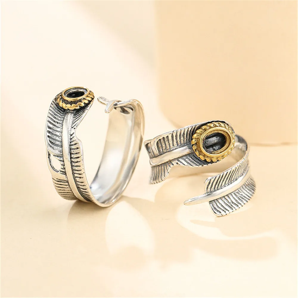 Ring Setting for 4.5x6mm Oval Cabochons Feather Shape Ring Blank Thai Sterling Silver Yellow Gold Plated Adjustable Ring Base