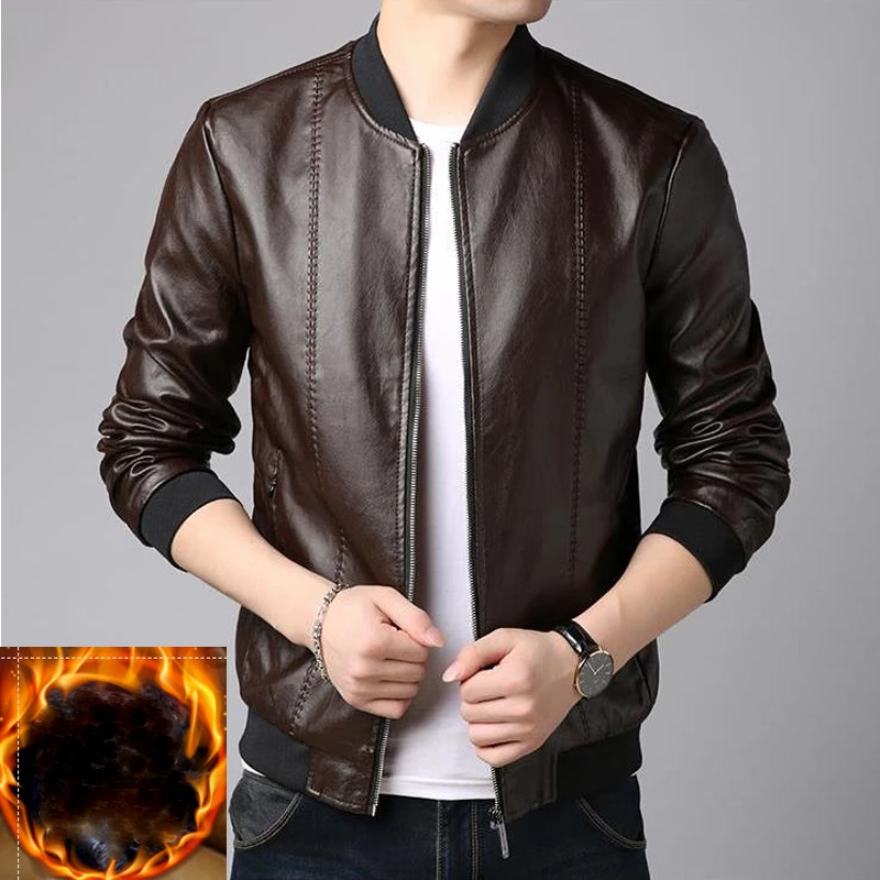 Mens PU Leather Jacket Fleece Winter Men V Neck Slim Faux Casual Solid Bomber Jacket Jaqueta Masculina 4XL | Мужская одежда