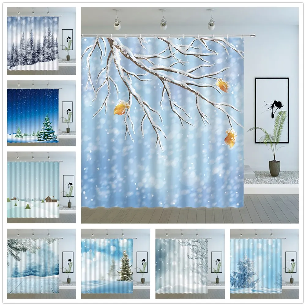 Winter Shower Curtains Pine Forest Farmhouse Snow Scene Snowflake New