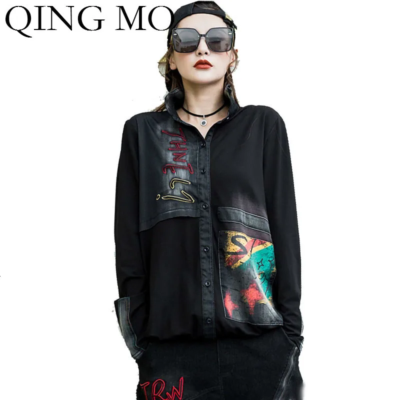 

QING MO Black Plus Size Women Blouse 2020 Spring Women Embroidery Blouse Streetwear Loose Blouse High Quality ZQY1885