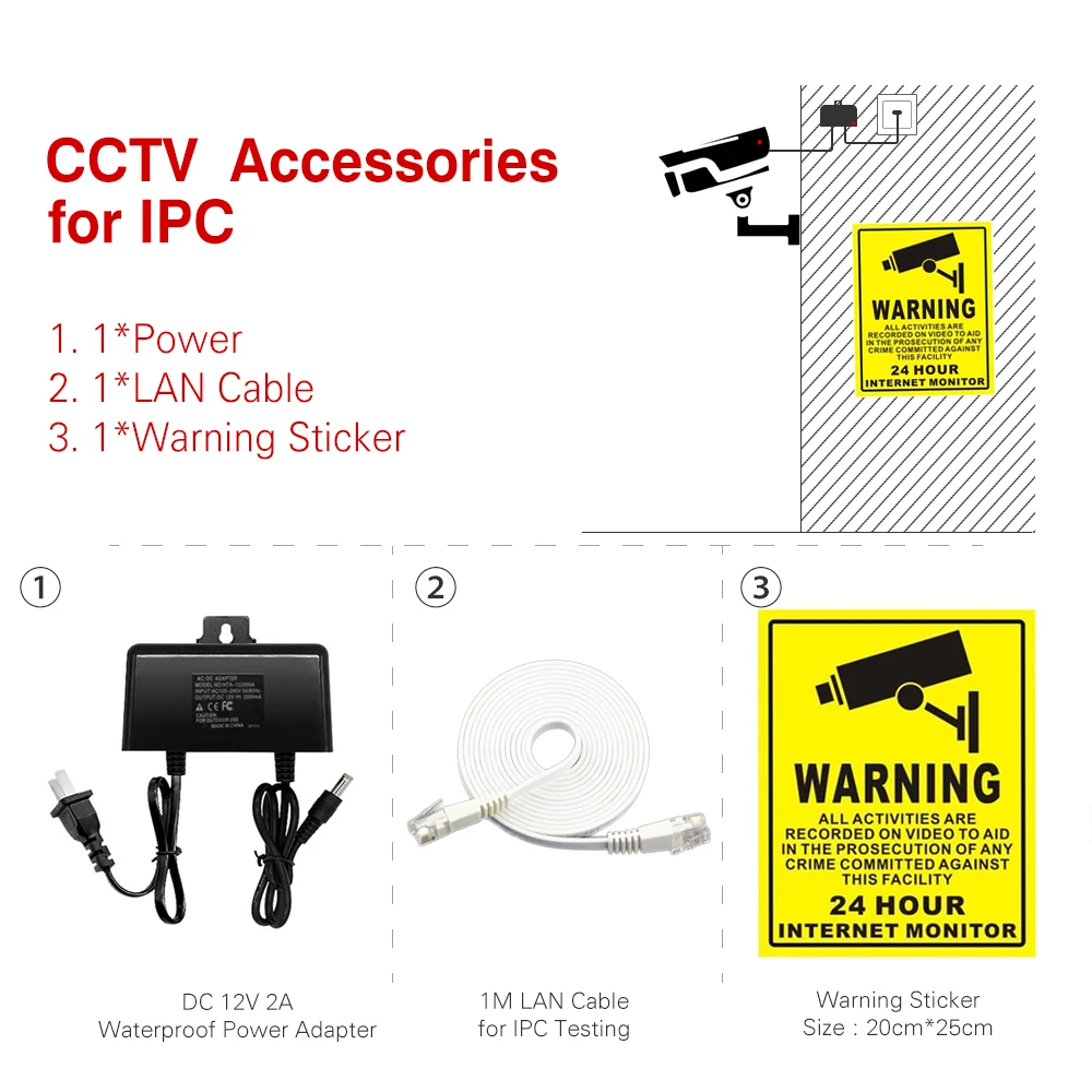 Cctvのアクセサリーバッグ: dc 12v 2A電源 + lanケーブル1m + 警告ステッカー20*25センチメートルcctv ipカメラキットシステムeu/米国/au/英国
