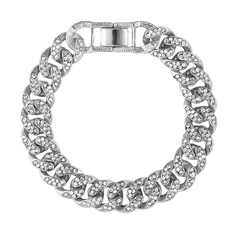 New Fashion Luxury 12mm Iced Out Cuban Link Chain Bracelet for Women Men Gold Silver Color Bling Rhinestone Bracelet Jewelry 