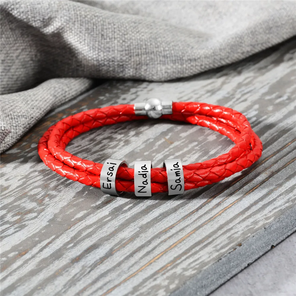 Personalized Jewelry Women Mens Stainless Steel Charm Bracelets Genuine Leather Braided Rope Custom With 1-9 Names Beads Gift