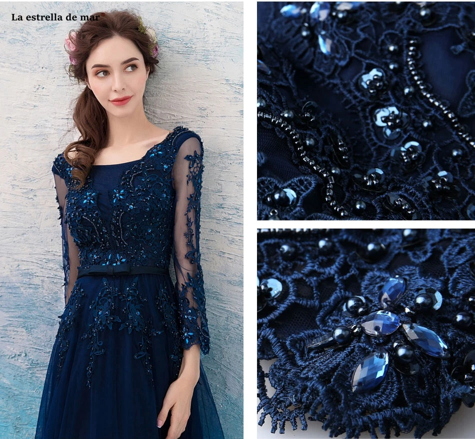 Vestido dama de honra, новинка, кружевное платье трапециевидной формы с длинным рукавом и бусинами, темно-синее платье подружки невесты, длинное свадебное платье abiti da damigella