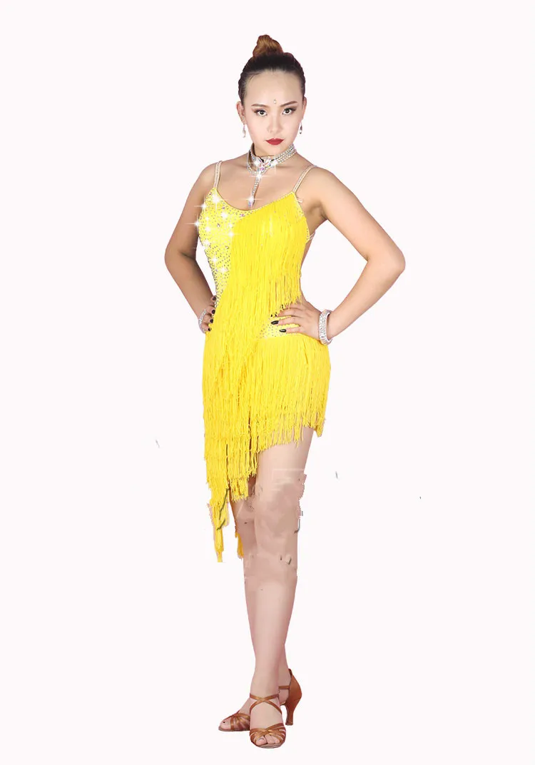New Latin Dance Dress Women Competition Costumes Custom Practice Skirts Shining Crystal Yellow Thick Fringed Dresses | Тематическая
