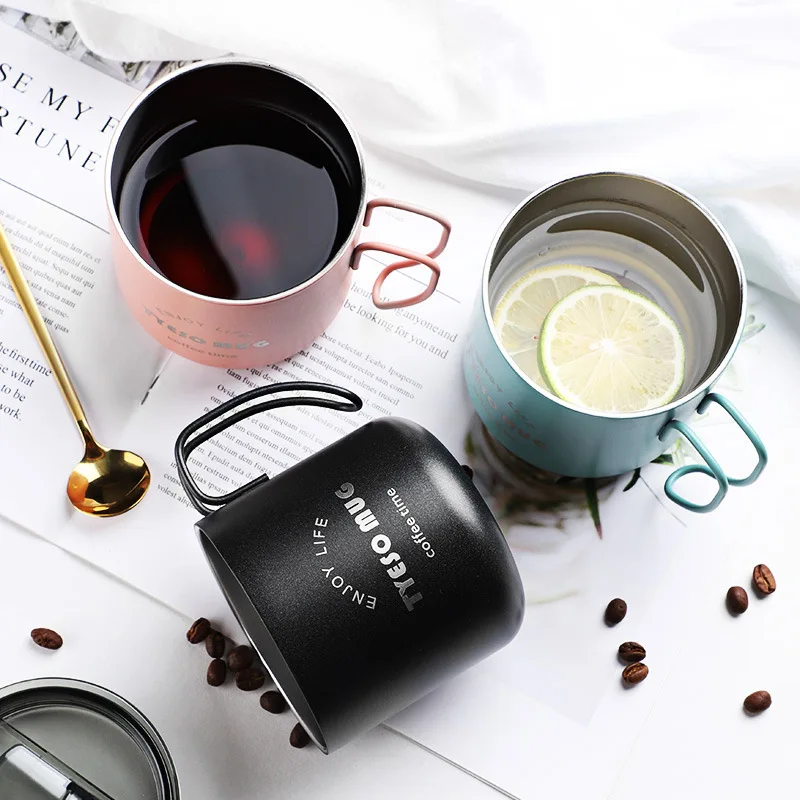 

Nordic Style Metal Coffee Cup With Lid Office Workers Portable Coffe Milk Breakfast TYESO Mug Tazze Colazione Caneca Criativa