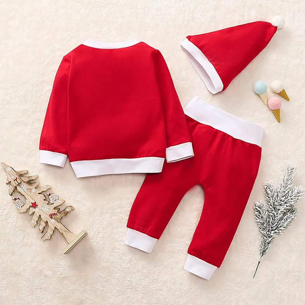 Рождественская Одежда для маленьких мальчиков и девочек, рождественские топы с принтом Санты+ штаны+ шапки, детские пижамы из 3 предметов, одежда для сна, 3 мес.-24 мес