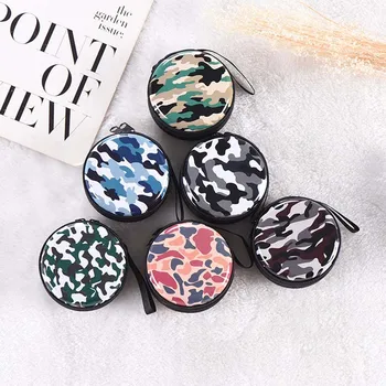 

Round Shape Zippered Pouch Coin Case Camouflage Pattern Memory Card Organizer Tinplate Headphones Storage Boxes