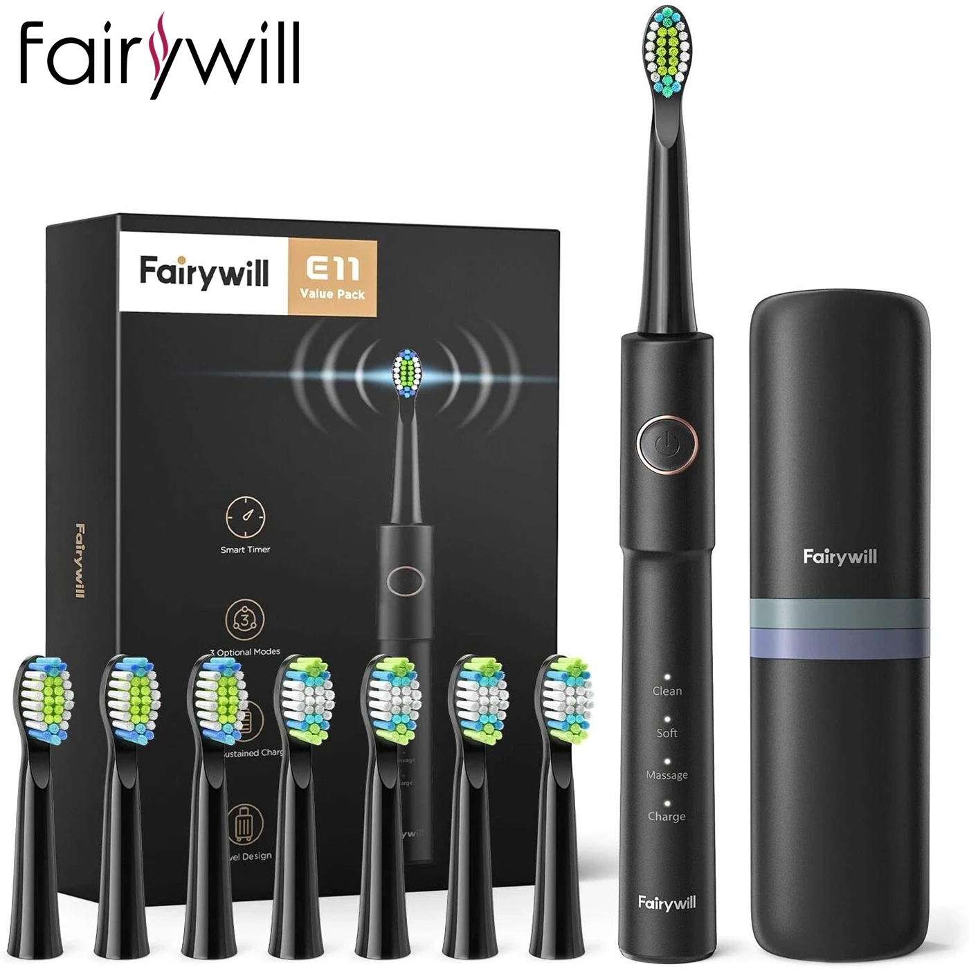 Cepillo de dientes eléctrico sónico Fairywill, recargable por USB, E11, resistente al agua, 8 cabezales de repuesto para adultos
