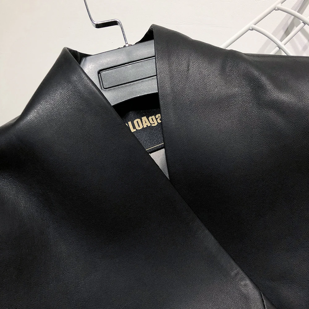 Yoloagne Женская куртка из натуральной кожи, офисный женский черный пиджак с v-образным вырезом из натуральной кожи с поясом