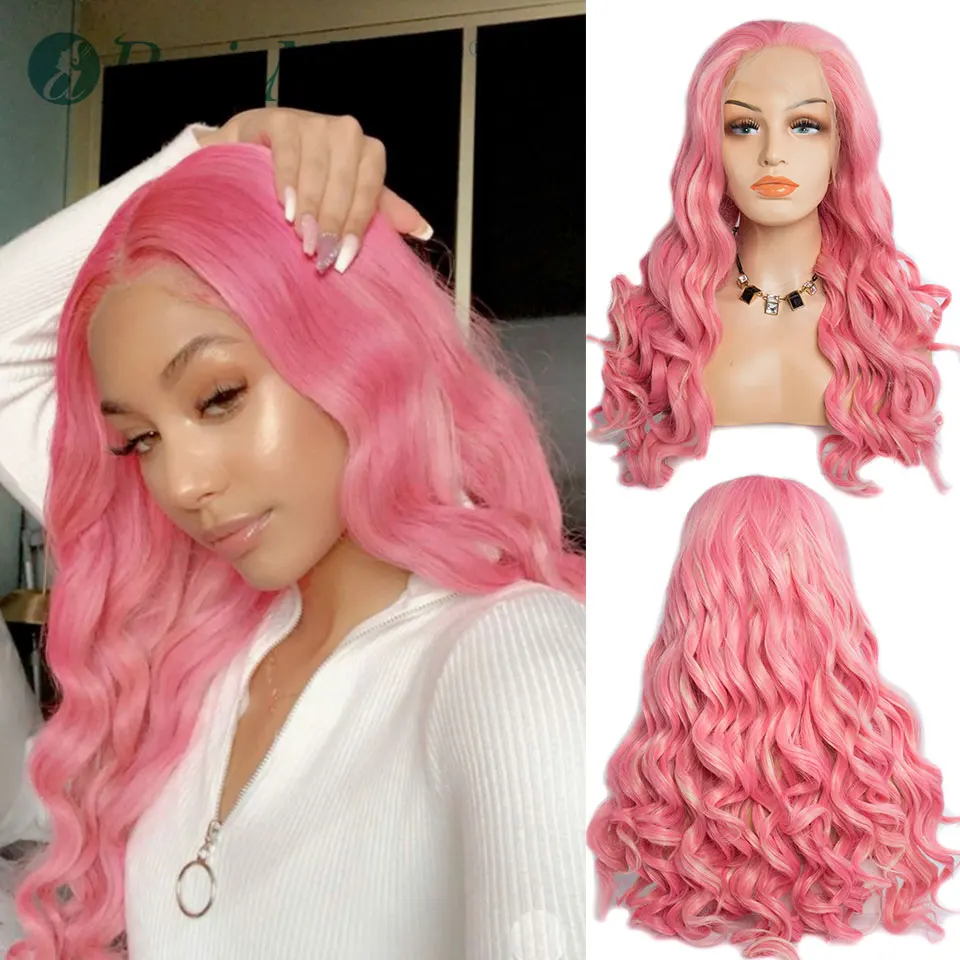 

Synthetic Lace Front Wigs for Women PerisModa Body Wave Heat Resistant Pink Purple Dark Brown Color 30 Inch Fiber Lace Front Wig