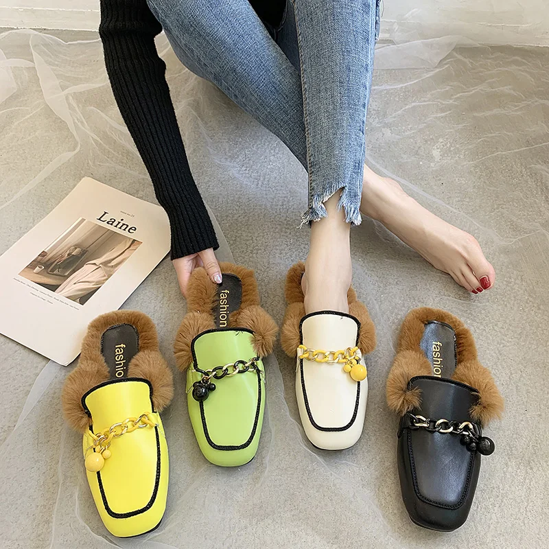 

Cover Toe Shoes Loafers Rivet Slippers Fur Low String Bead Mules Women Slides Square Plush Flat Chain Rubber Metal Decoration