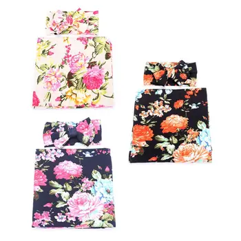 

2 Pcs Newborn Baby Receiving Blanket Headband Set Floral Swaddle Wrap Infant Sleepsack Hair Band Kits
