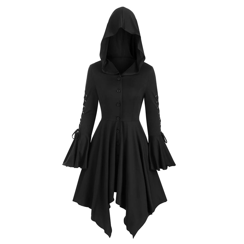 incredible  ROSEGAL Women Plus Size Hooded Lace-up Poet Sleeve Button Up Hanky Hem Skirted Gothic Coat Casual S