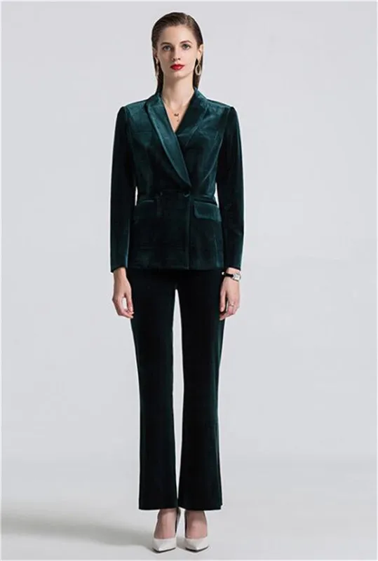 Women's Velvet Jacket and Pants Set, Women Pantsuits, Work Pant Suits, Blazer, Jacket, Pants Suit, Party, One Button, OL, 2 Pcs