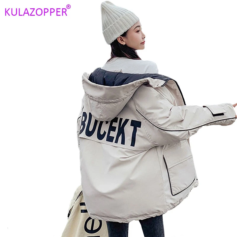 

KULAZOPPER Women's Warm Winter Jacket Woman Short Style Winter 2019 New Korean Hooded Loose Coat Female ZH073