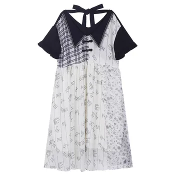 

WOMENGAGA 2020 New Loose Casual Irregular Dress Girl Female Patchwork Plaid A-line Short Sleeve Empire Streetwear Printed A991