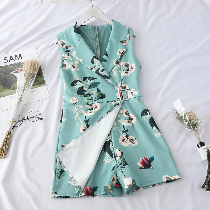 HELIAR 2021 Rompers Women Playsuits Lady Floral Printed Jumpsuits With Sashes Lapel Sleeveless Party Cloth Female Playsuit |