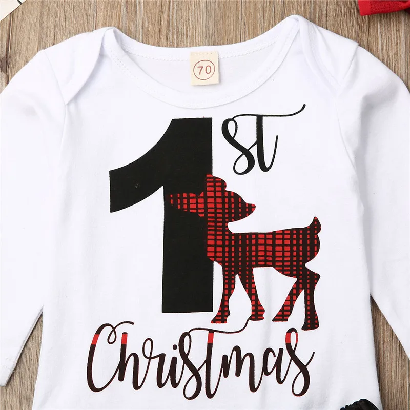 Милый комплект одежды для новорожденных, Рождественский лось, хлопковый топ с длинными рукавами, кружевная юбка-пачка с головной повязкой, милая детская одежда
