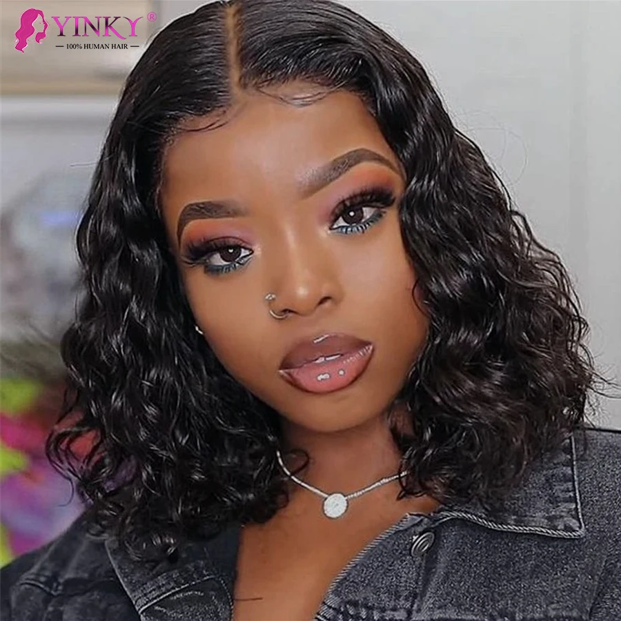 

13x4 Short Bob Deep Wave Lace Front Wig Kinky Cury Frontal Wigs Brazilian Deep Wavy Human Hair Remy Pre Plucked 4x4 Closure