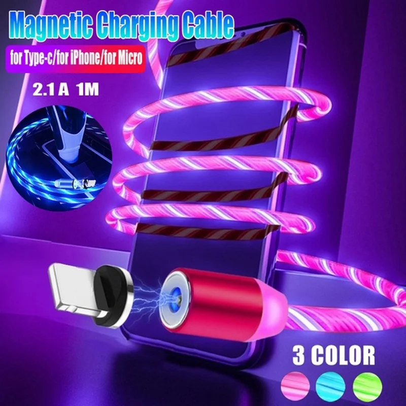 

360 Rotatable Chargers USB Magnetic Cable Flow Luminous Lighting Data Cable For iPhone Micro USB Type C Fast Charging USB Cable