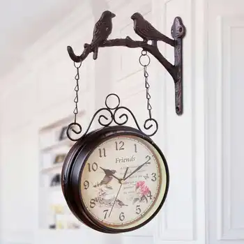 

Double Sided Round Hanging Wall Mounted Decor Iron Clock Metal European Vintage Two Birds on Branch With Rose Flower Design