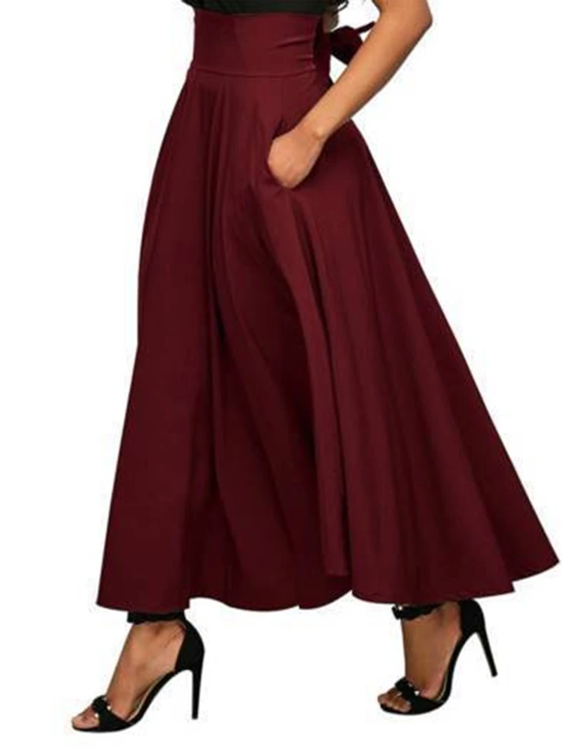 Long Skirt Women 2020 Fashion Waist Tie Solid Summer Skirts for Women Elegant Party Pleated Ladies Female A-line Skirts  (4)