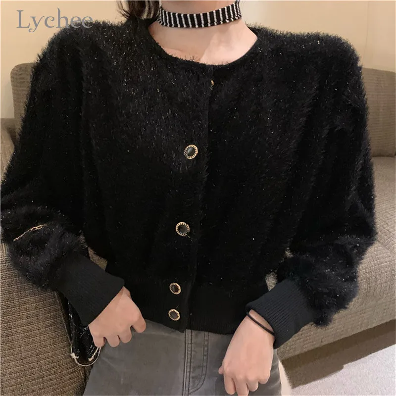 Lychee Harajuku, сплошной цвет, Fluzzy, женское Укороченное пальто, модная кнопка, женские укороченные куртки, верхняя одежда, повседневные теплые зимние женские пальто, топы