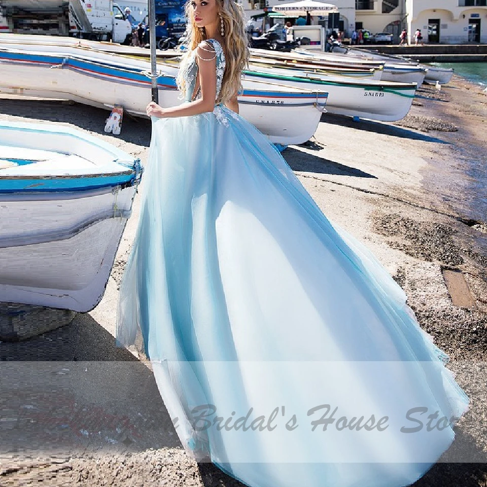 Голубое свадебное платье Пляжное 2020 Robe de Mariee Boheme сексуальное кружевное 3D