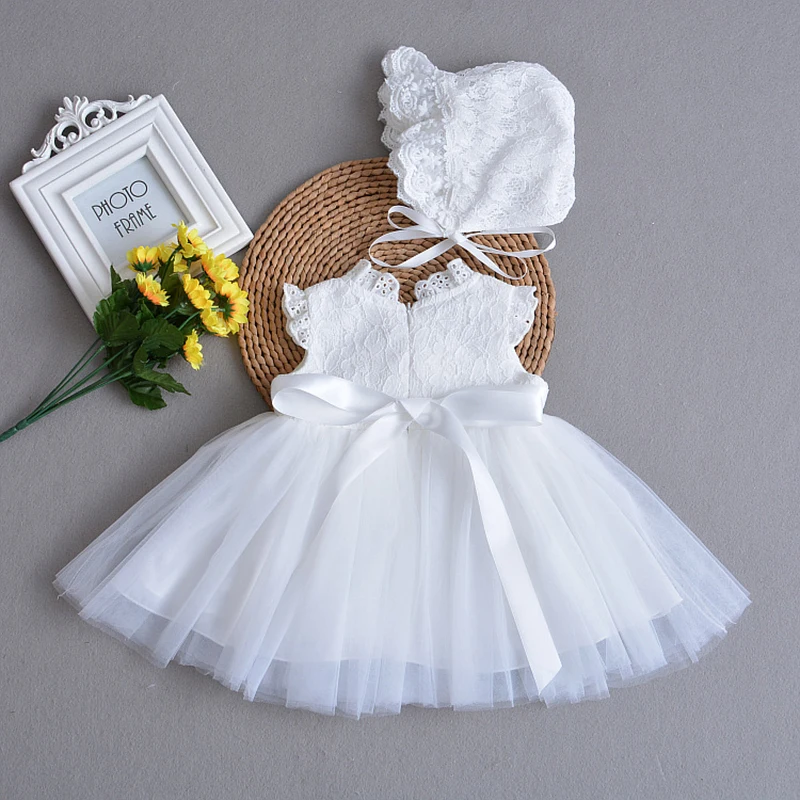 Платье на крестины, белое кружевное крещение новорожденного, комплект, платье для первого дня рождения для маленьких девочек, нарядное платье, дамская шляпа без полей, платье для крещения
