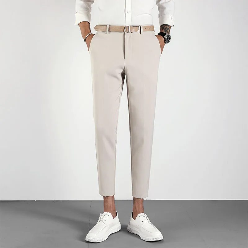 

Брюки мужские облегающие, элегантные светло-серые классические укороченные штаны, Клубные классические, для мужчин, цвет хаки, чёрные, на лето