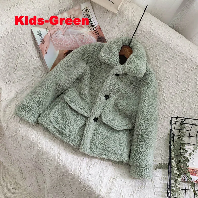 Модное пальто из искусственного меха для мамы и дочки, зимнее теплое пальто с карманами для женщин и девочек, милая уличная куртка для сестер - Цвет: kids-green fur coat