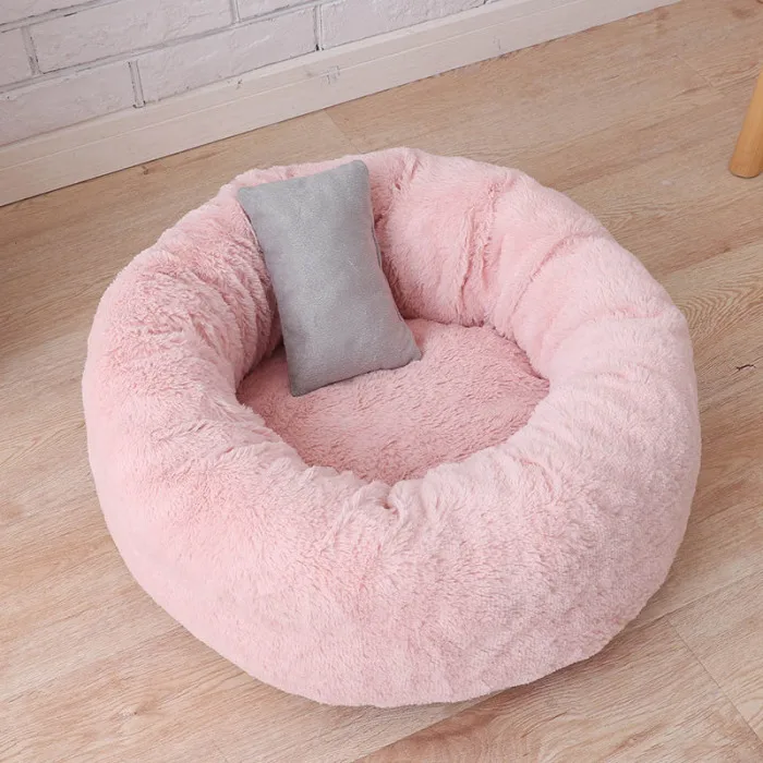 Pets Shag Plush Donut Cuddler Calming Bed Round Plush Cat Dog Mat Sleeping Bed with Pillow E2S